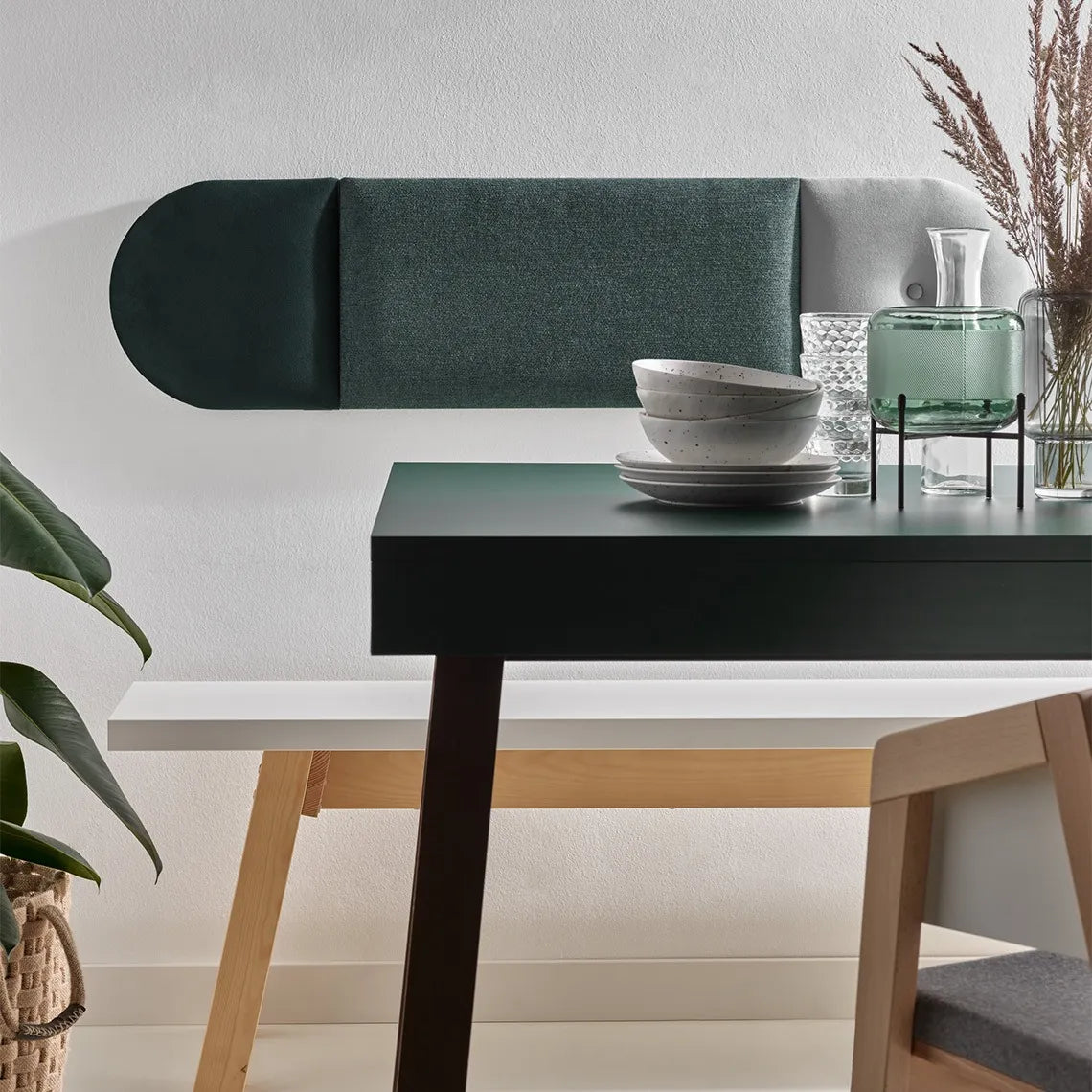 Padded Wall Panels Set 4 Green in dining room on white wall Decormania UK